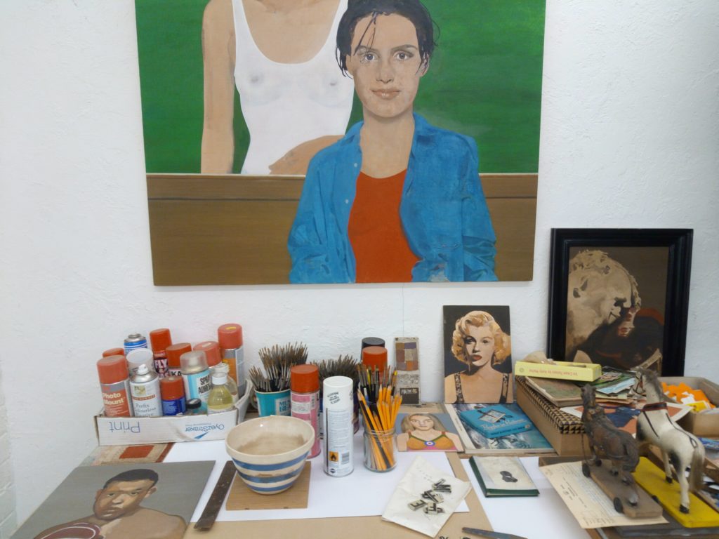 Peter Blake's studio, deskwork, Frieze Masters, Regent's Park